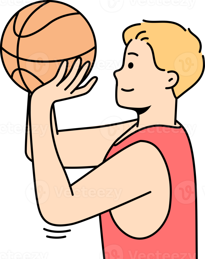 Sportsman throws ball into hoop or through net. png