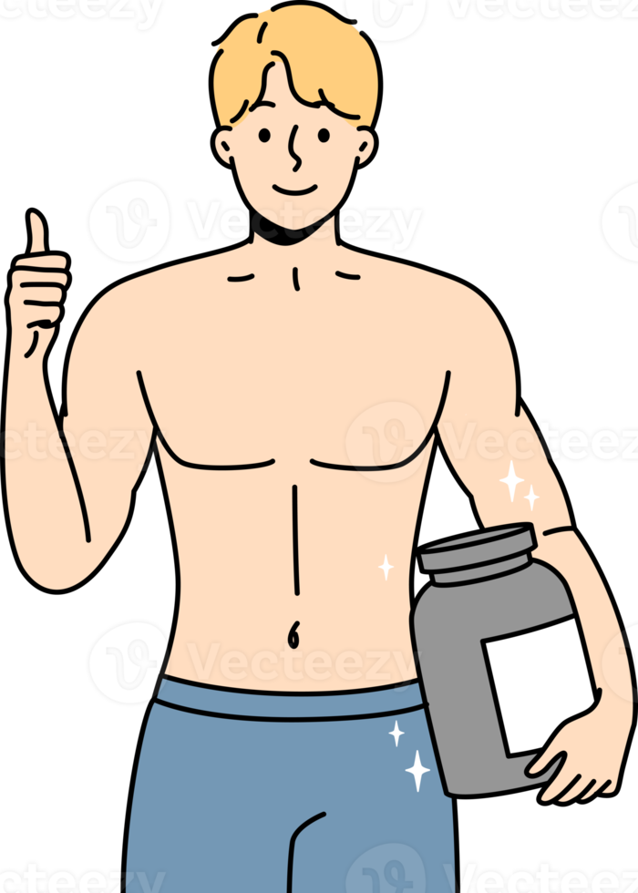 Smiling bodybuilder with protein in hands png