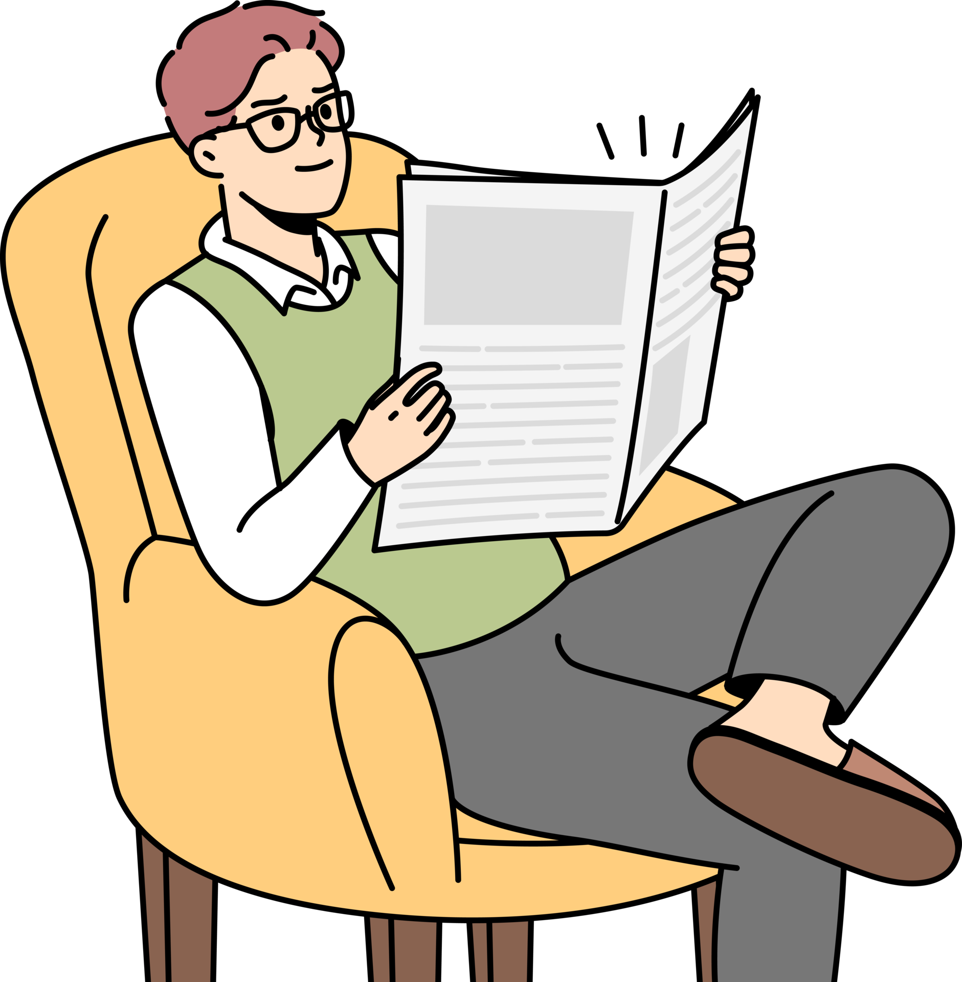 Young man sit in chair reading newspaper 21469044 PNG