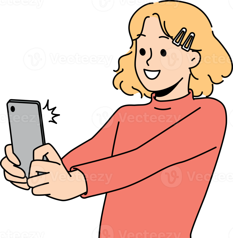 Smiling girl make selfie on cellphone png