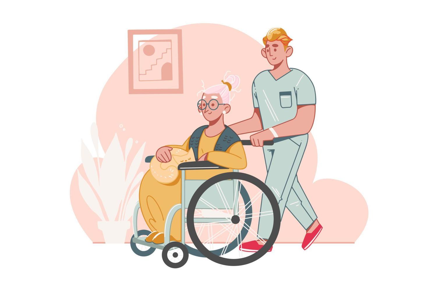 Elderly Care Concept. Social worker or volunteer is helping an older woman in a wheelchair.  Help for seniors with disabilities  in a nursing home. Assistance to senior people at home. vector