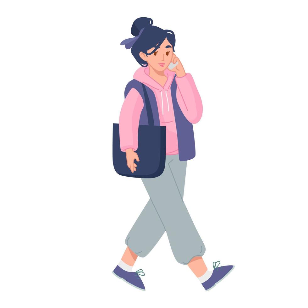 Flat cartoon young woman holding a smartphone and talking on the go. Vector illustration of a modern girl with mobile phone in casual oversized outfit isolated on white background.