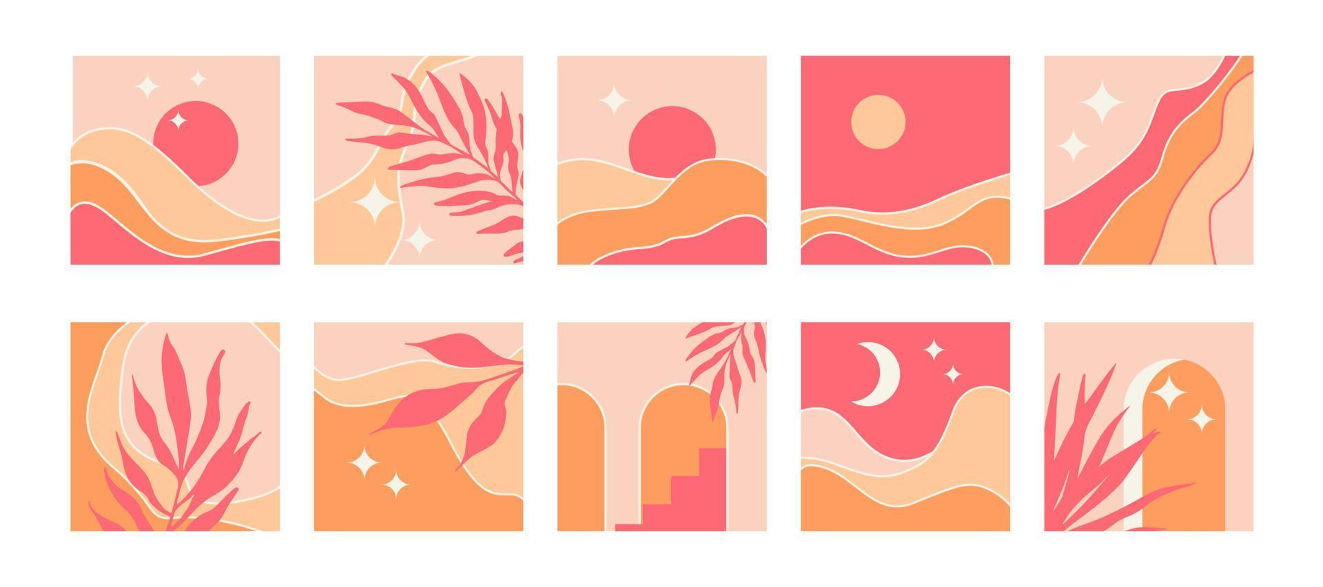 conjunto de resumen minimalista cuadrado antecedentes en medio siglo estilo. vector ilustración con montaña paisaje, natural formas, arcos, sol, luna, estrellas y palma ramas en rosado y arena colores.