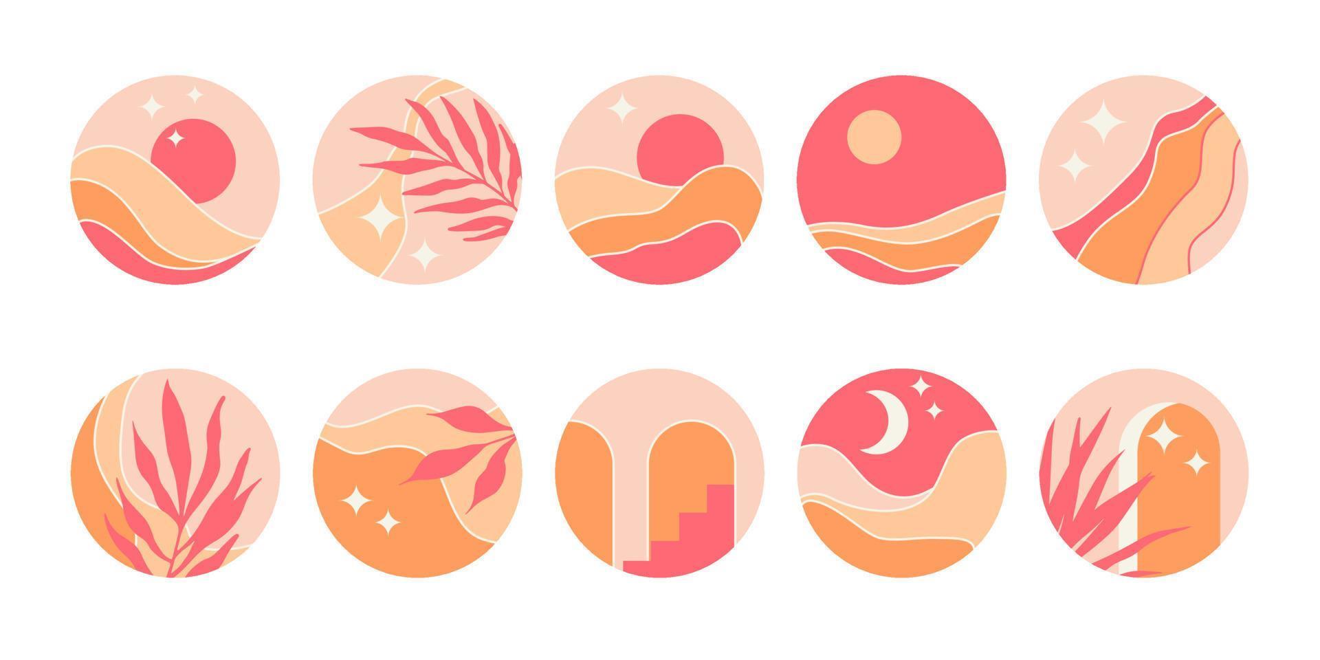Set of abstract round icons for highlight covers. Backgrounds for social media stories in a minimalist mid century style. Abstract mountain landscapes in arches, sun, moon, stars in pink, sand colors. vector