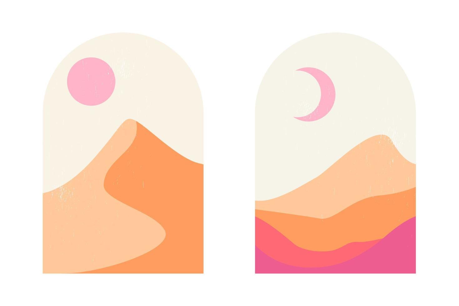 Set of abstract mountain and desert landscapes in arches in an aesthetic, minimalist mid-century style in soft pink and sand colors. Boho style landscape with sun, moon and sand dunes at sunset. vector
