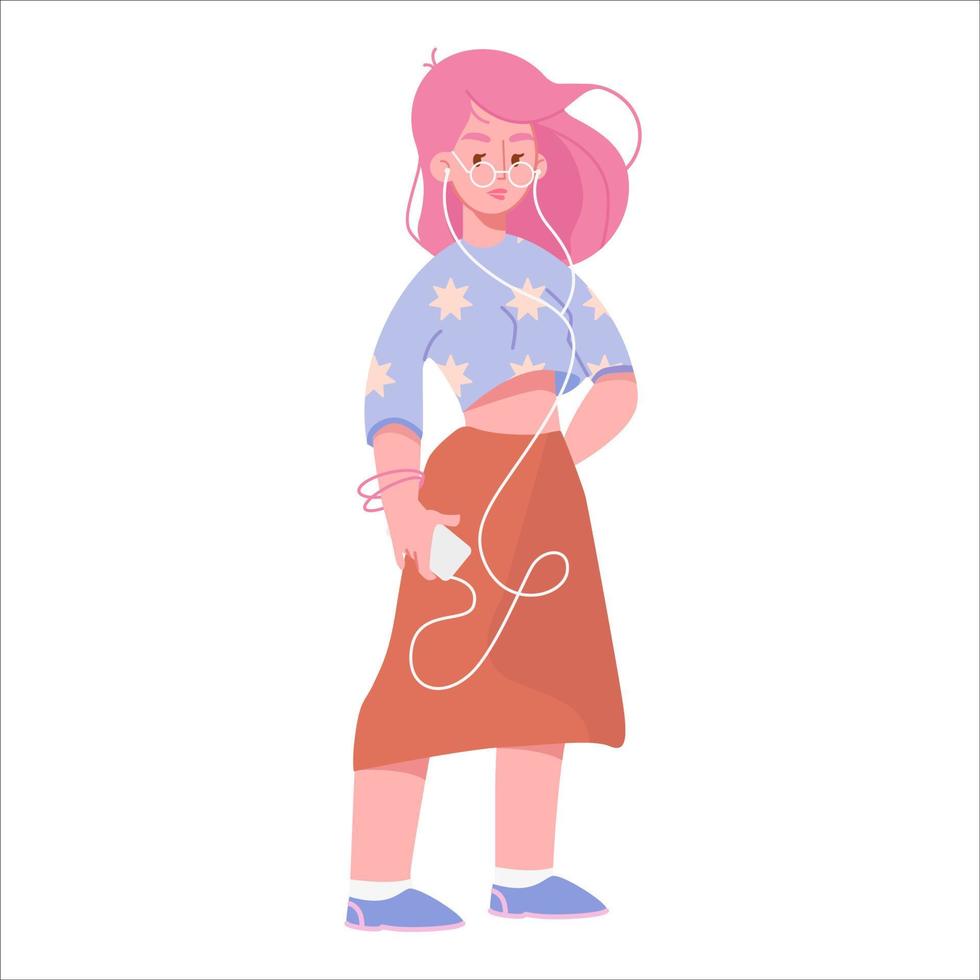 plano dibujos animados joven mujer con teléfono inteligente, linda moderno niña con rosado pelo en casual de moda atuendo escucha a música en auriculares. color vector ilustración