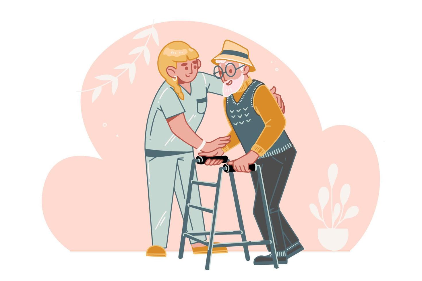 Elderly Care Concept. A social worker or volunteer helps an older man walk. Help and care for seniors with disabilities  in a nursing home. Assistance to senior people at home. vector