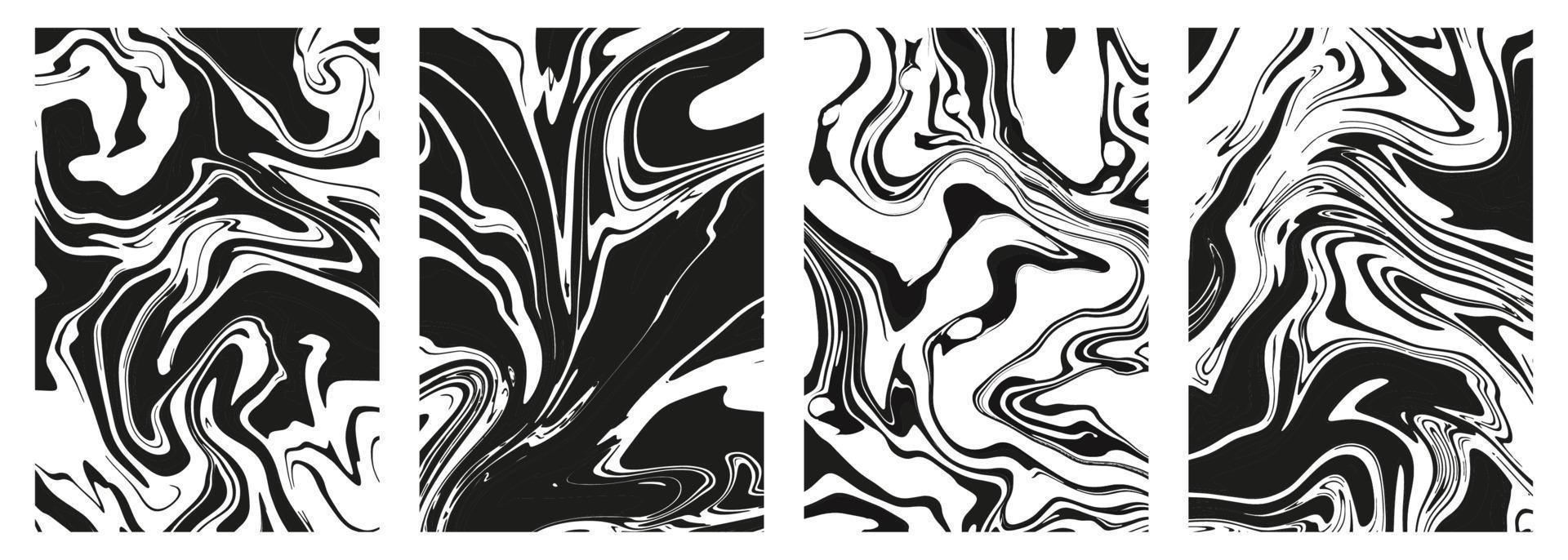 Set of abstract black marble or epoxy textures on a white background. Prints with Graphic Stylish Liquid Ink Stains. Trendy backgrounds for cover designs, invitations, case, wrapping paper. vector