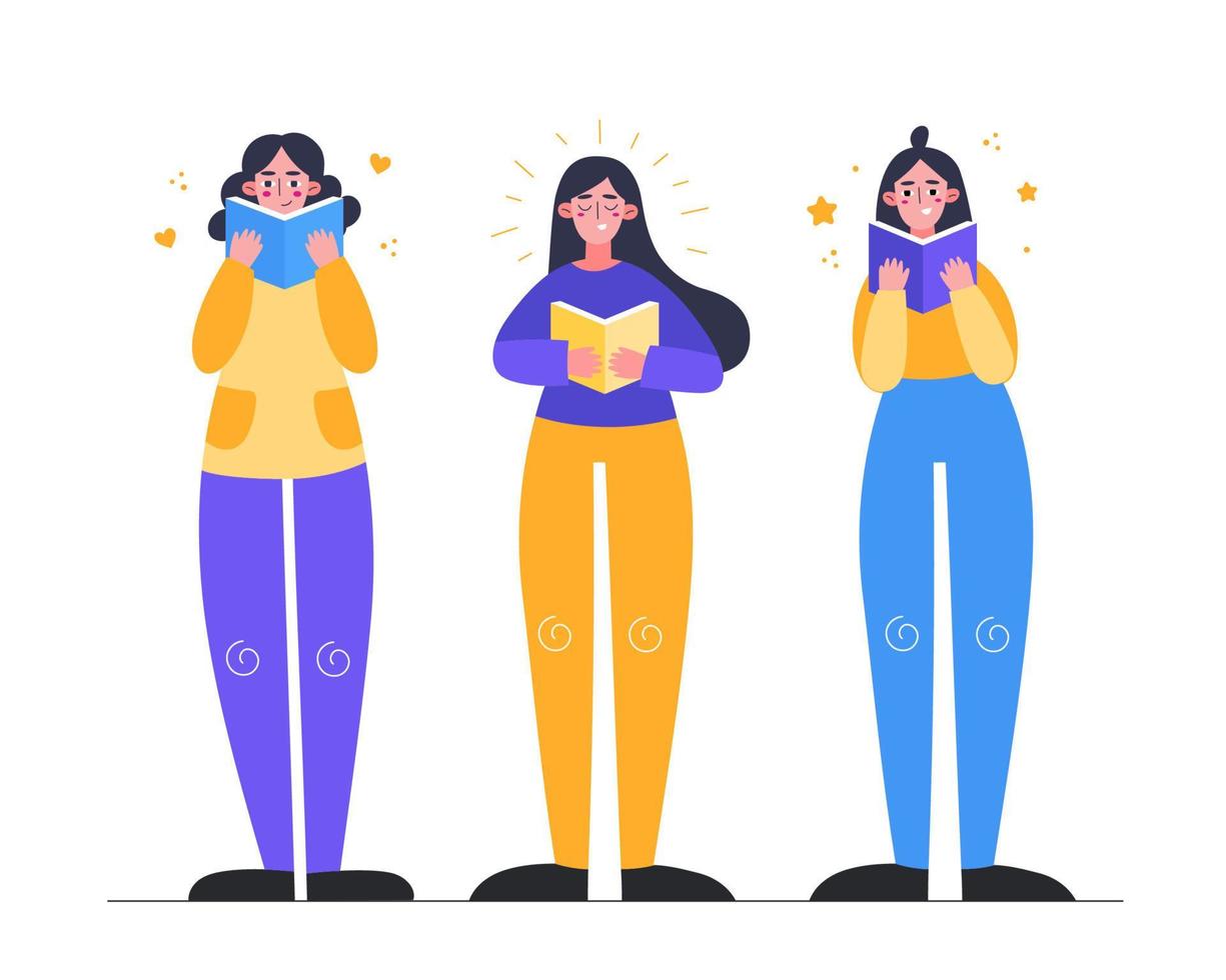 Set of three Girls that are reading Books while standing. Young women. Read more books concept. vector
