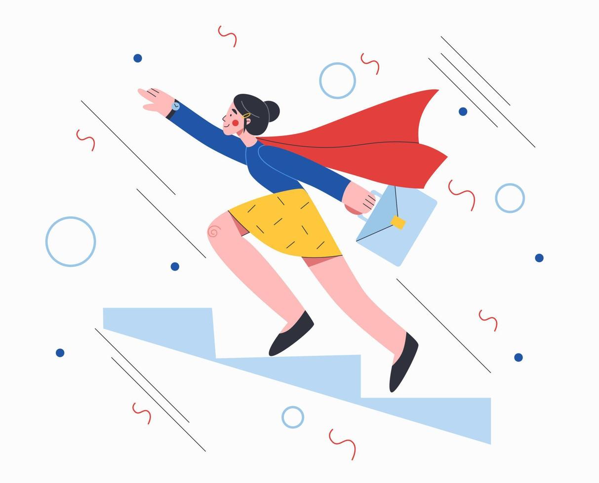 A young woman in a hero's cloak climbs the stairs. The concept of career growth. vector