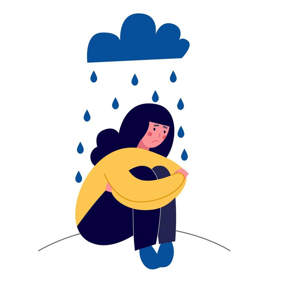 The girl sitting in the rain. She is sad and depressive vector