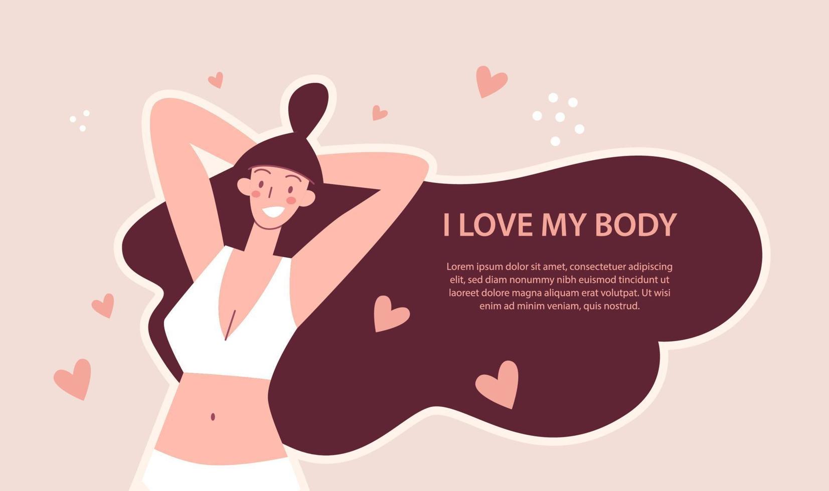 Body positive. Happy harmonious girl. Love your body. Vector illustration concept.