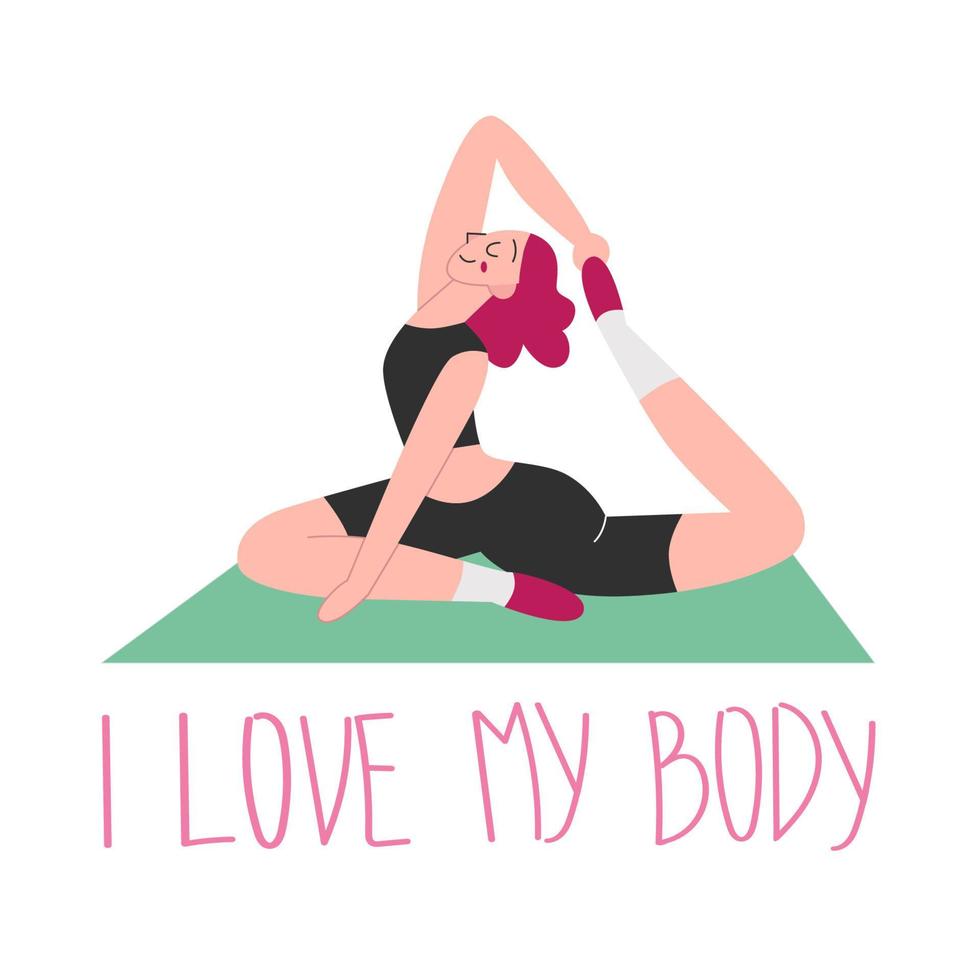Happy harmonious girl. She stand in yoga position. Love your body. vector
