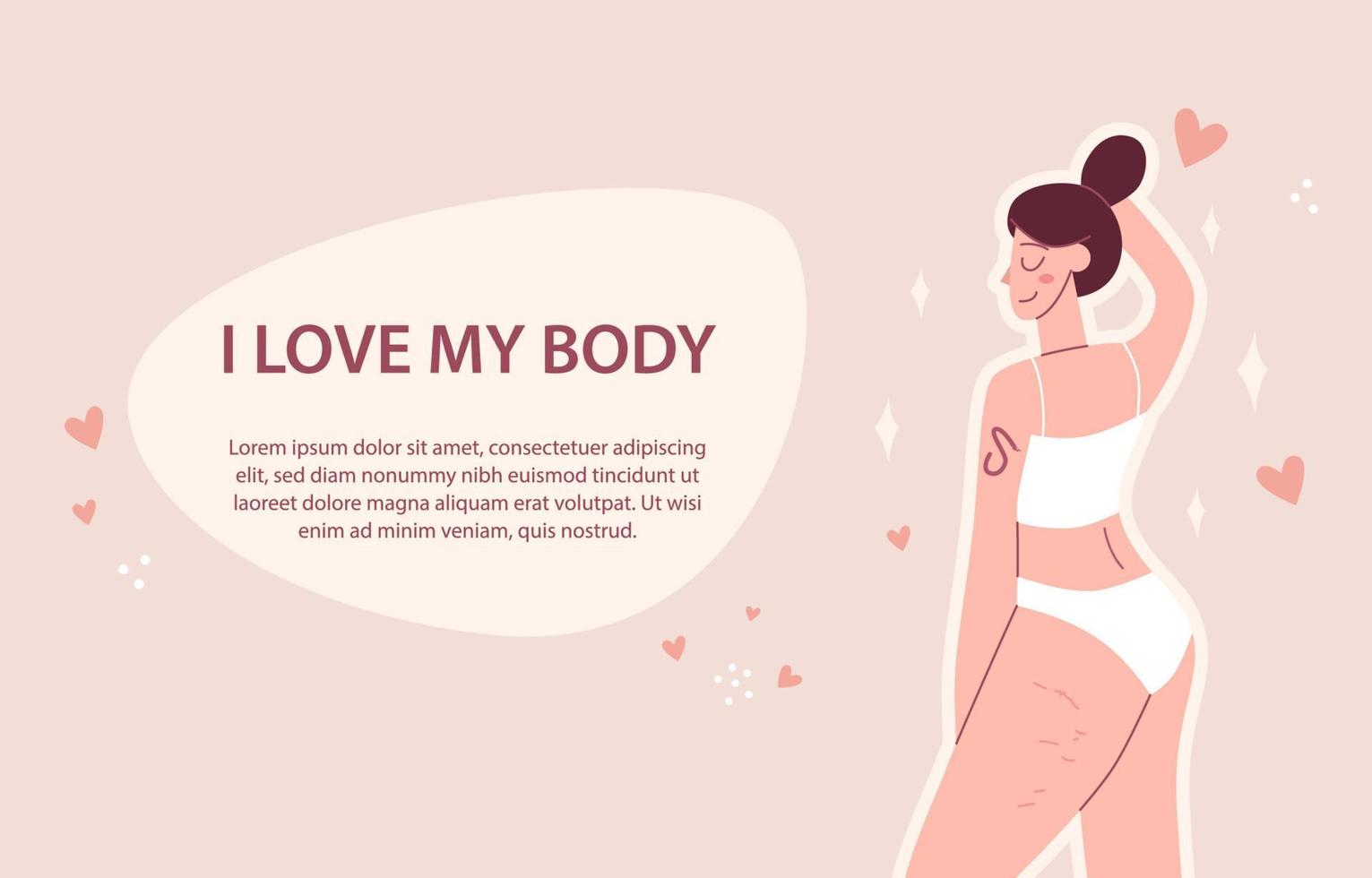 Body positive. Happy harmonious girl. Love your body. Vector illustration concept
