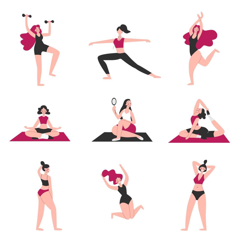 Body positive. Happy girls. Love your body. Variety of poses and gestures. Dynamic life. Sport, dance and yoga. Vector illustration concept