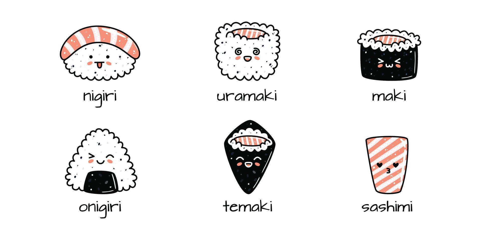 conjunto de kawaii Sushi mascotas en dibujos animados estilo. diferente tipos de Sushi vector