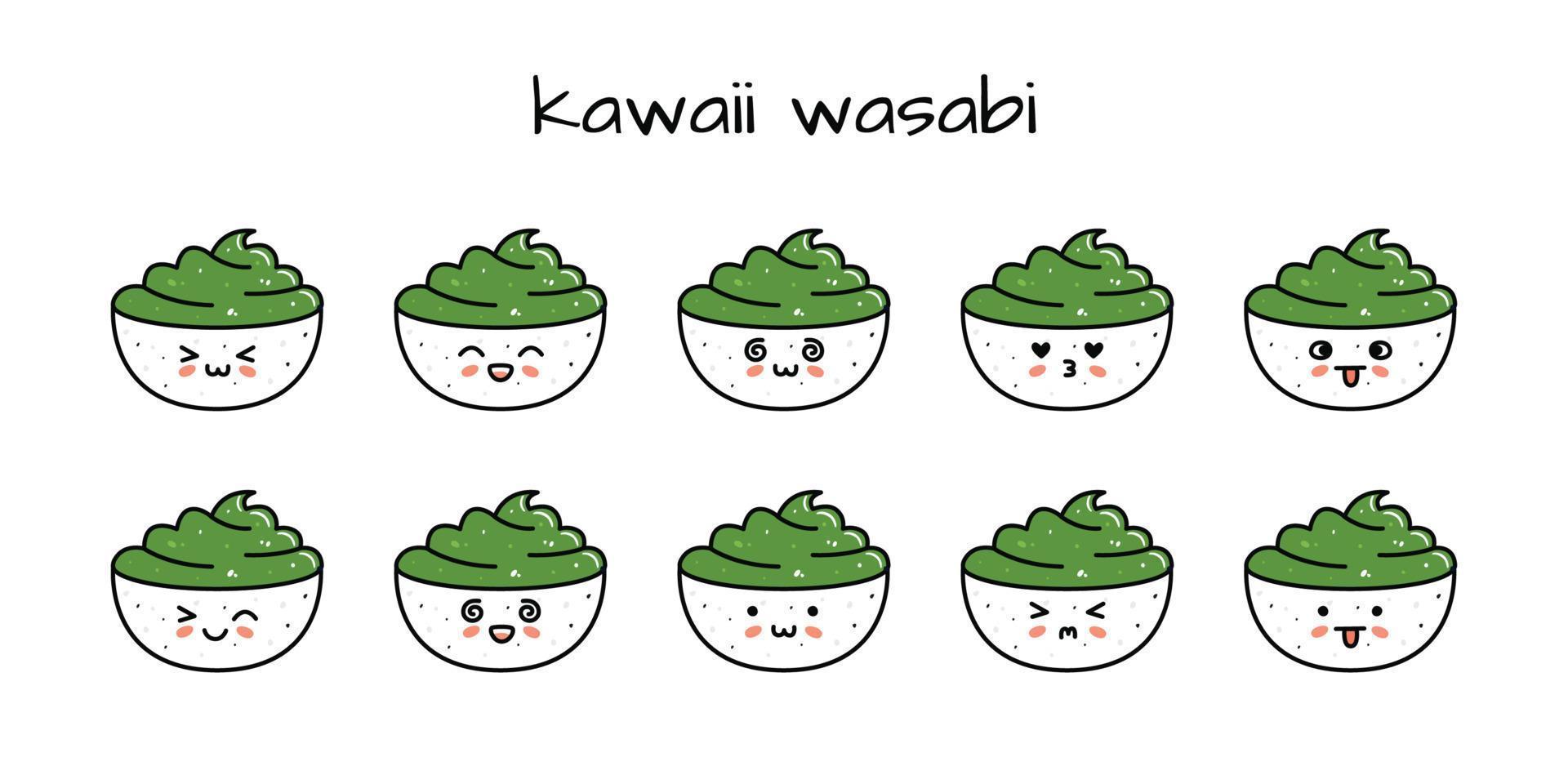 Set of kawaii wasabi bowl sushi mascots in cartoon style vector