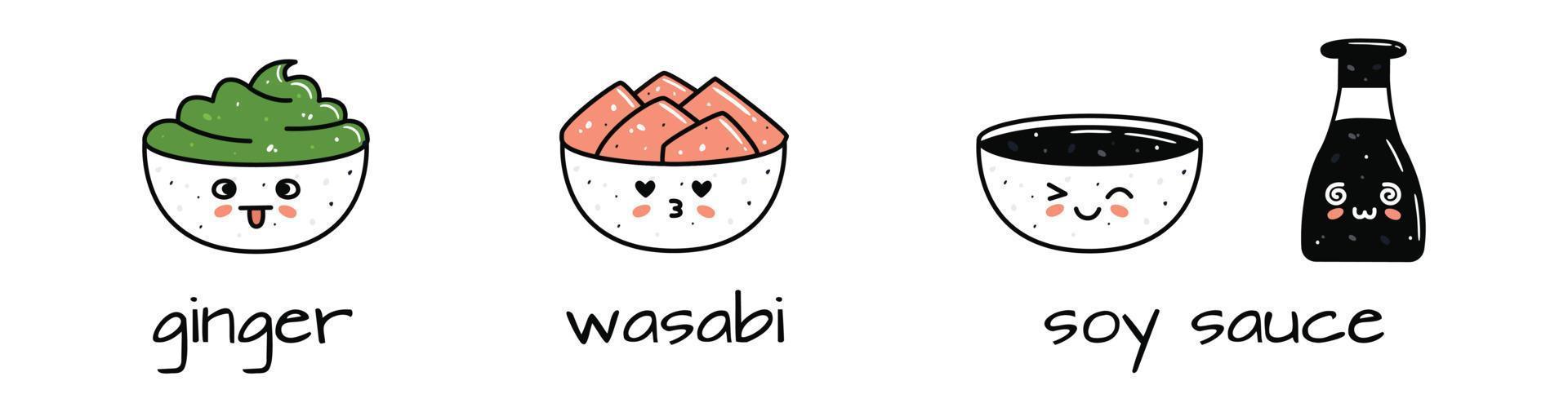 conjunto de kawaii soja salsa botella, jengibre y wasabi bochas mascotas en dibujos animados estilo vector