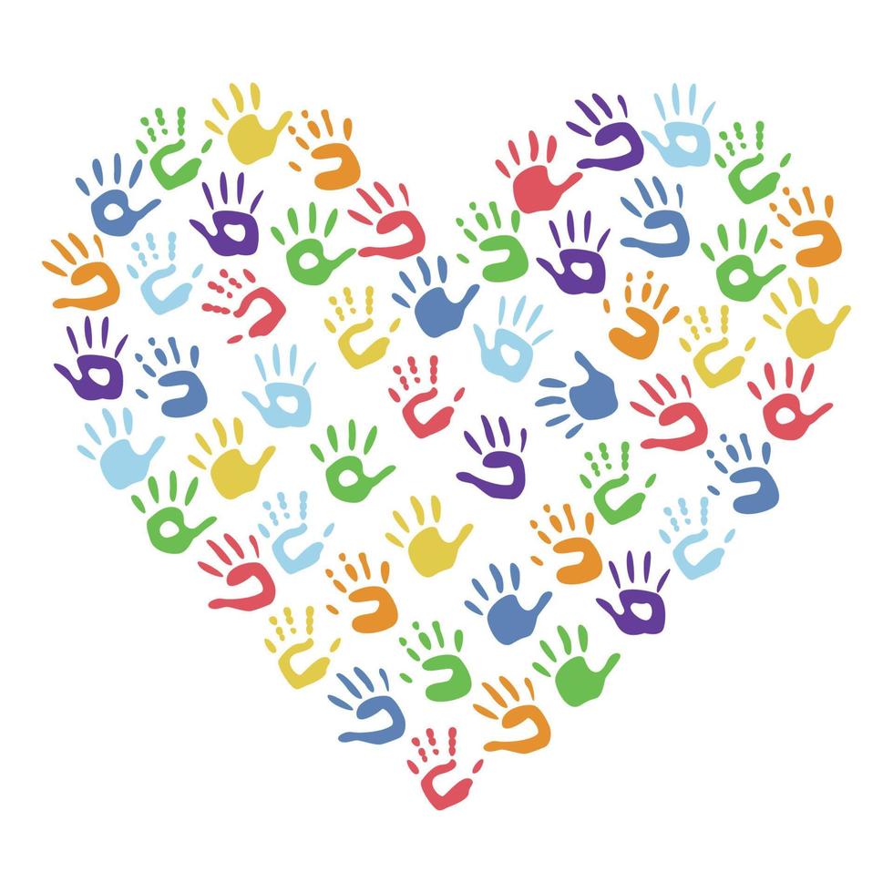 Flat vector painting tools in childish style. Hand drawn heart shaped frame of palm prints