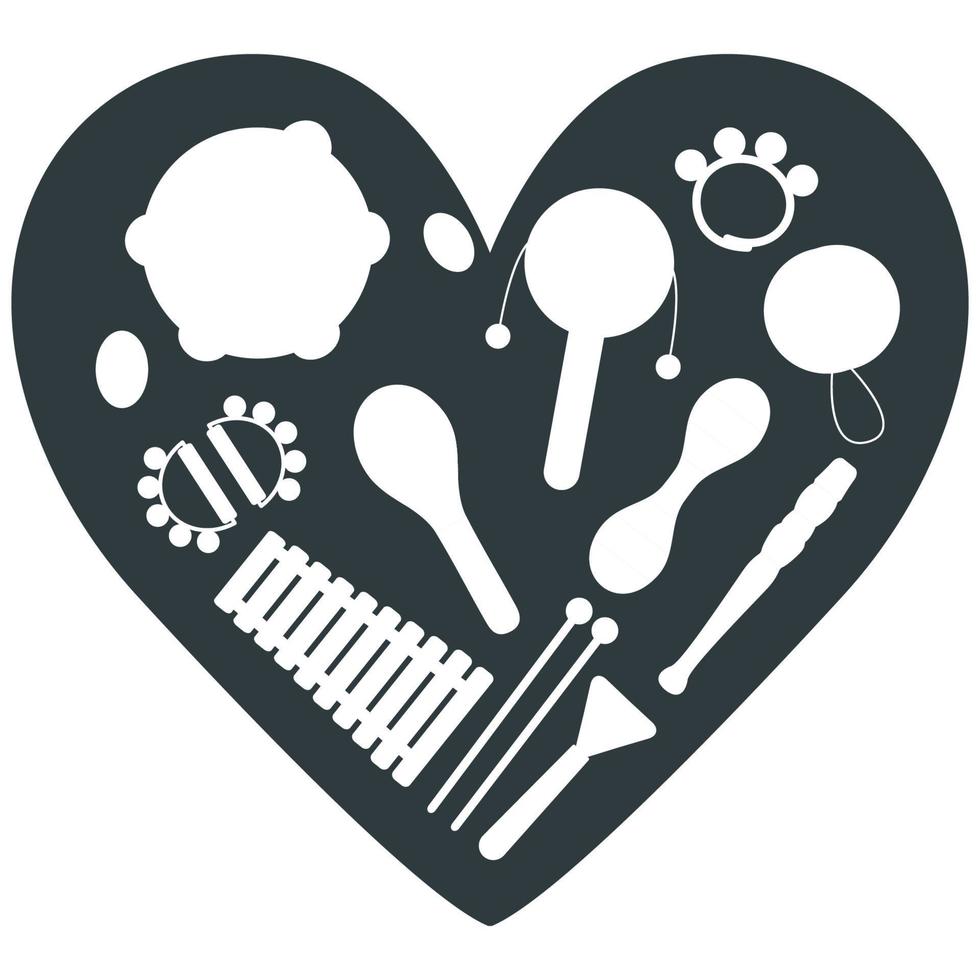 Hand drawn toy musical instruments in heart for kids. Flat vector silhouette illustration