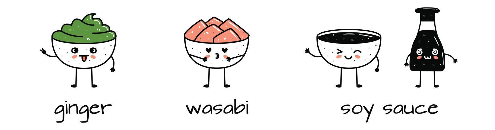 conjunto de kawaii soja salsa botella, jengibre y wasabi bochas mascotas en dibujos animados estilo vector