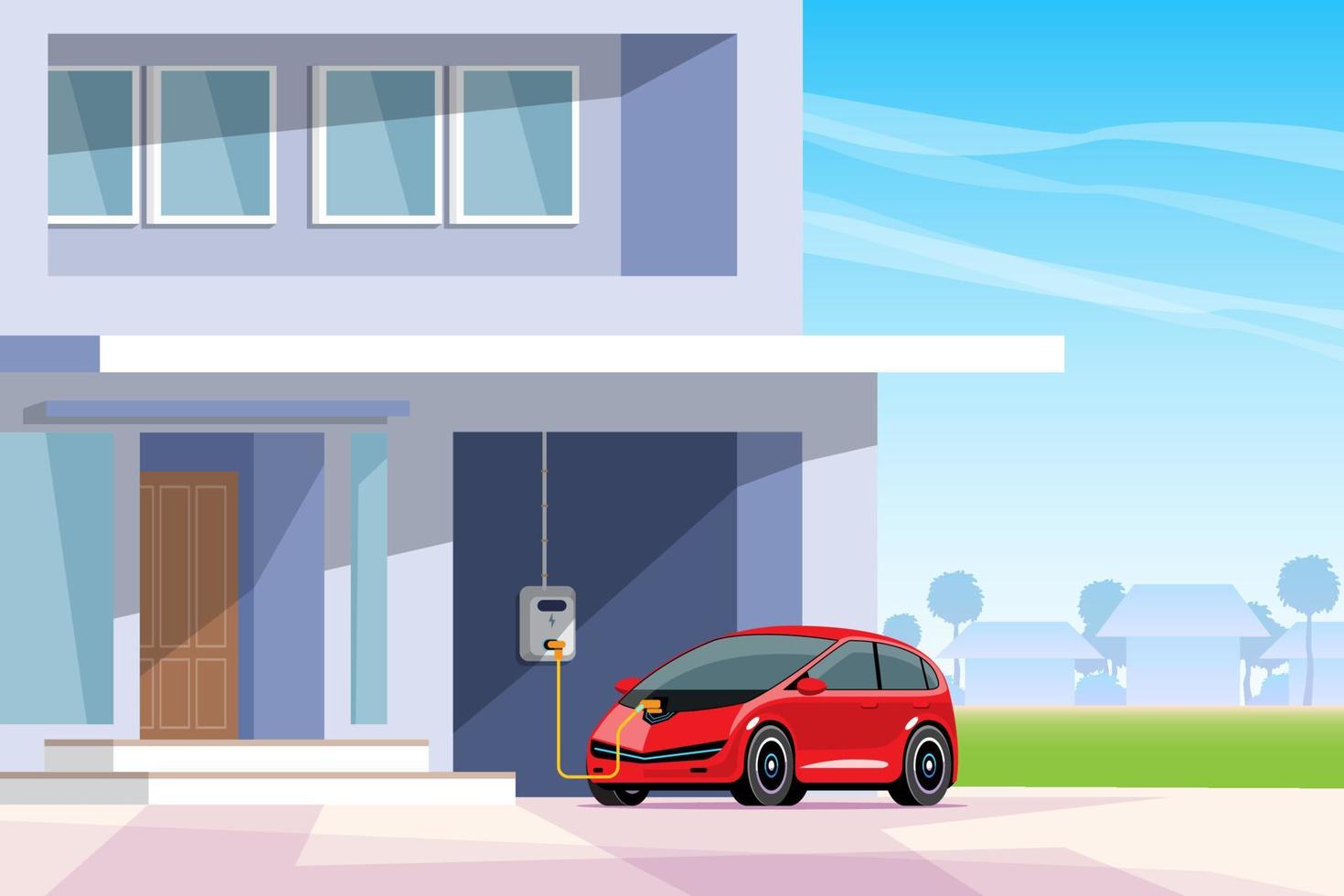 eléctrico coche en hogar cargando estación. instalación de cargando estaciones en casas dirección para utilizando limpiar energía. vector ilustración