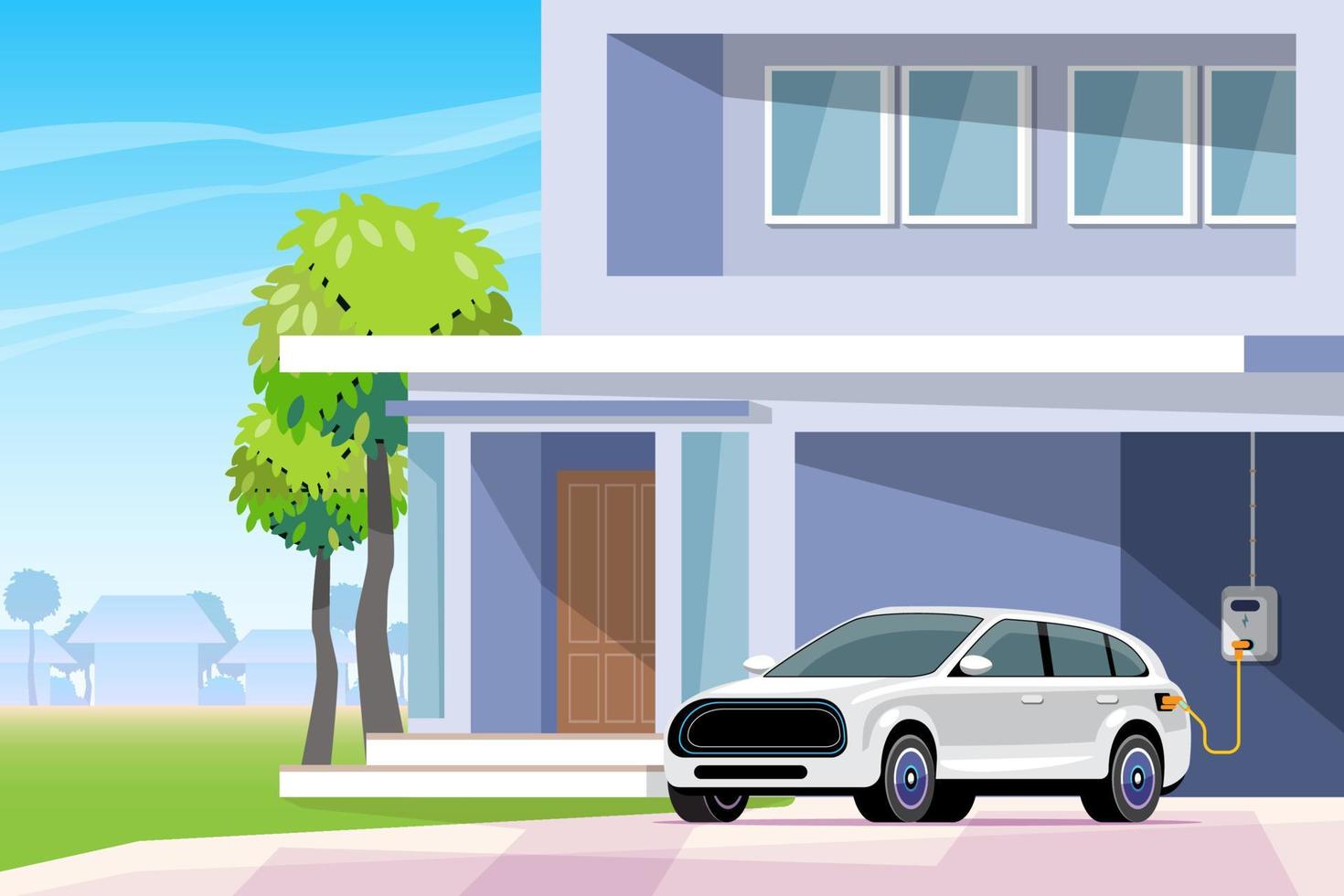 Electric car on home charging station. Installation of charging stations in houses. Direction for using clean energy. vector illustration