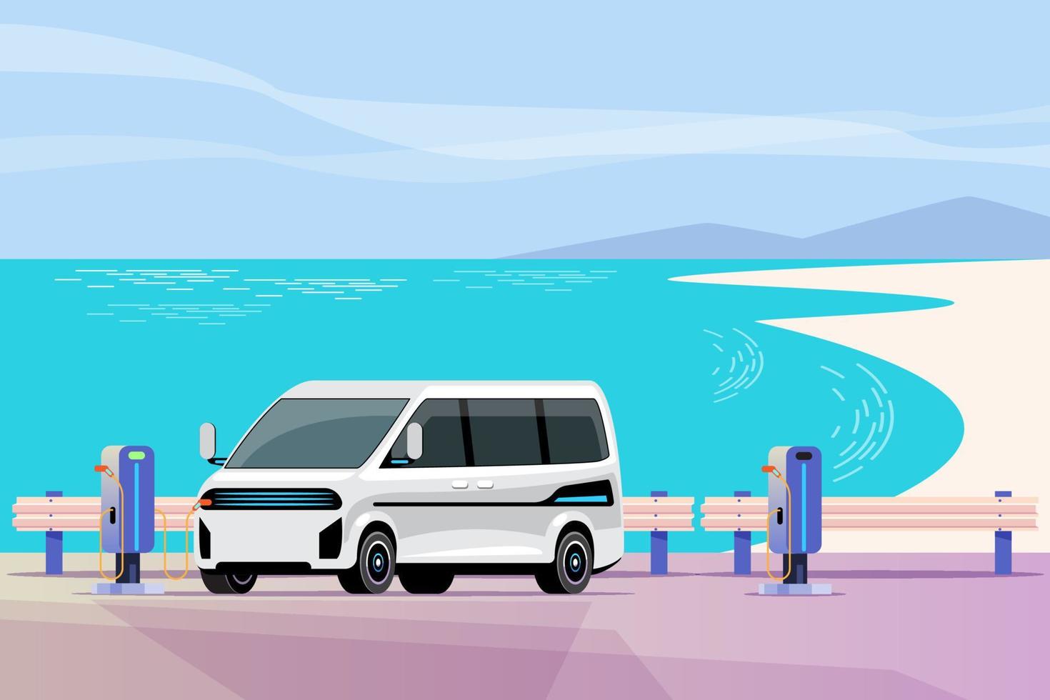Electric vehicle charging station on the beach. Electric vehicle charging stations at tourist attractions. Beach skyline in background. EV Car boost tourism business with clean energy. vector