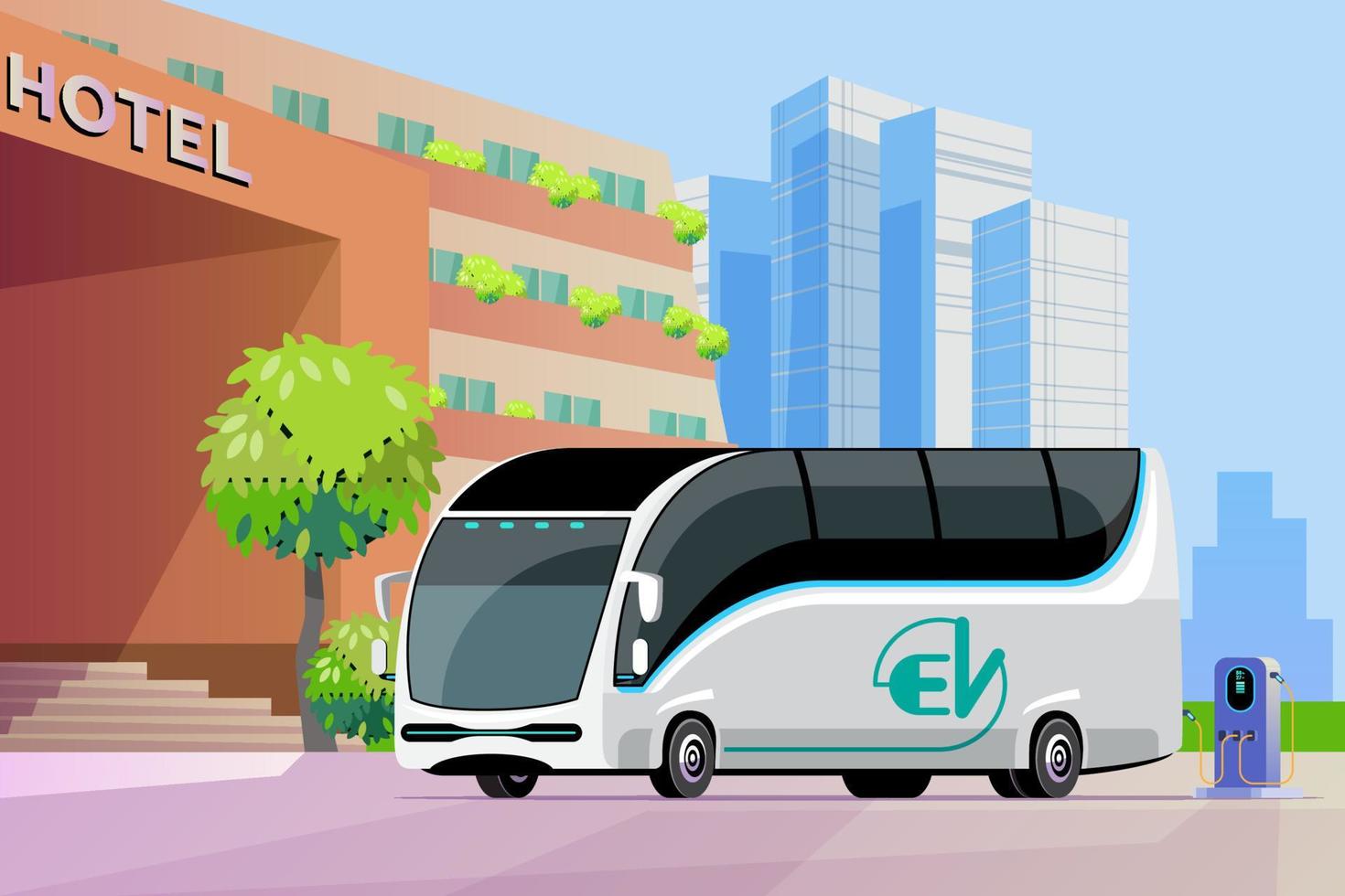 eléctrico ciudad autobús cargando hotel estacionamiento a el cargador estación con un enchufe en cable. eléctrico autobuses aumentar turismo negocio con limpiar energía. vector ilustración