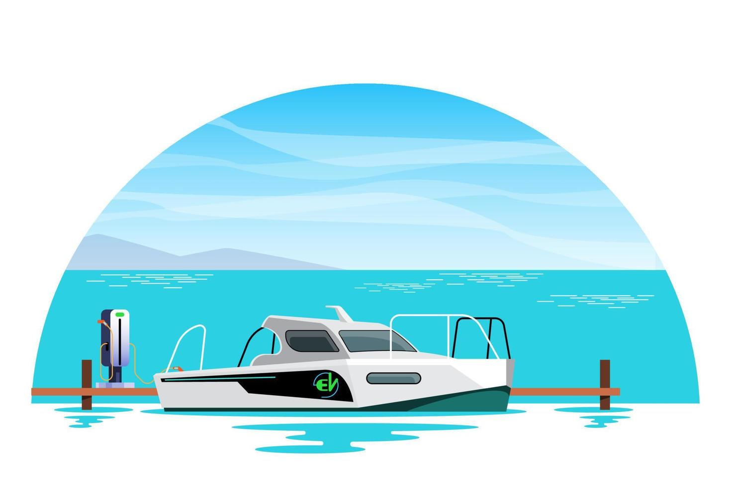 Electric powered boats moored at the pier, Electrical power sockets bollard on pier near sea coast. Electrical outlets to charge ships in harbor. ocean and sky in background. vector