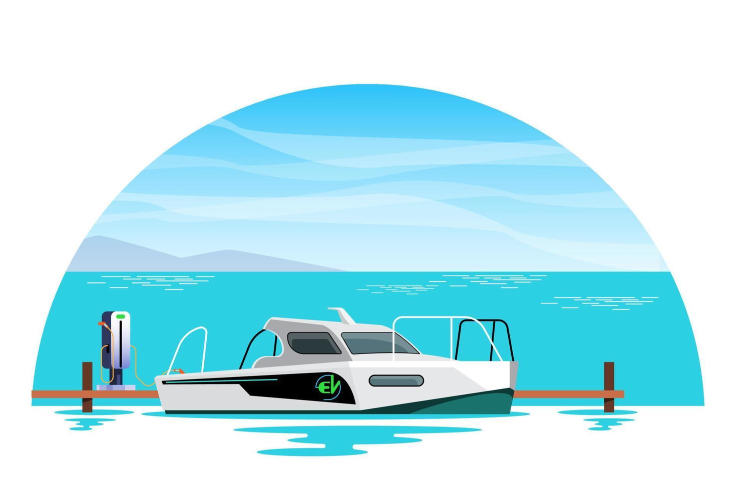 eléctrico motorizado barcos amarrado a el muelle, eléctrico poder enchufes noray en muelle cerca mar costa. eléctrico salidas a cargar buques en puerto. Oceano y cielo en antecedentes. vector