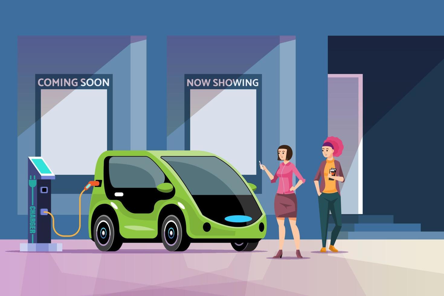 Woman charging electric car while waiting for movie. Electromobility e-motion concept. green energy concept, vector illustration