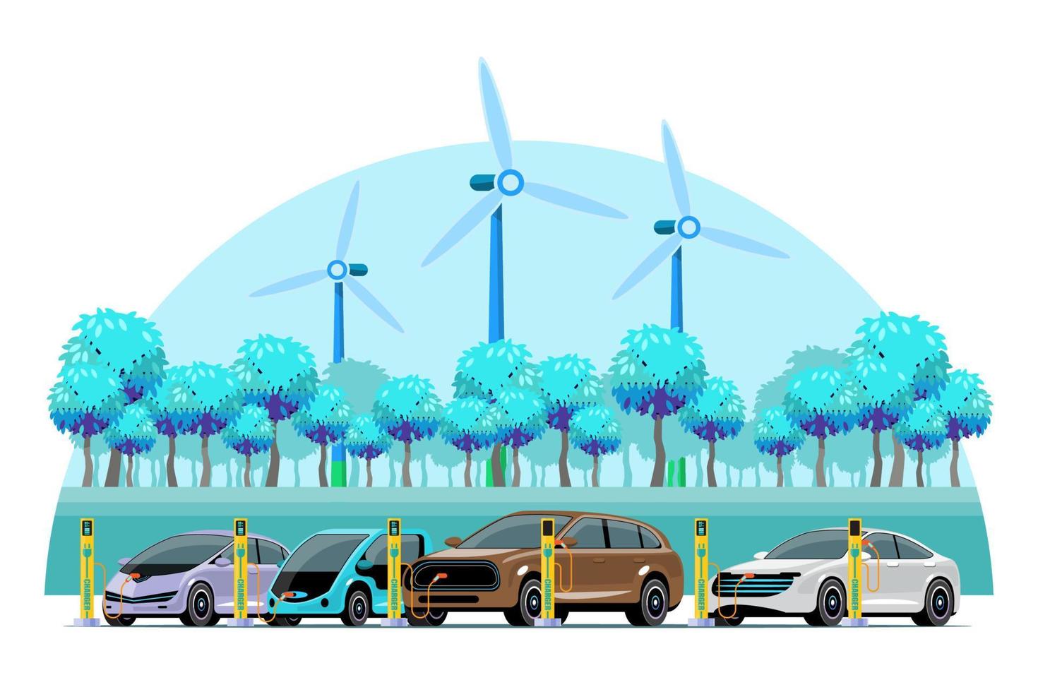 Electric car at charging station against the background of wind turbines. Electromobility e-motion concept. Six electric battery chargers. Wind turbines provide electrical energy. vector