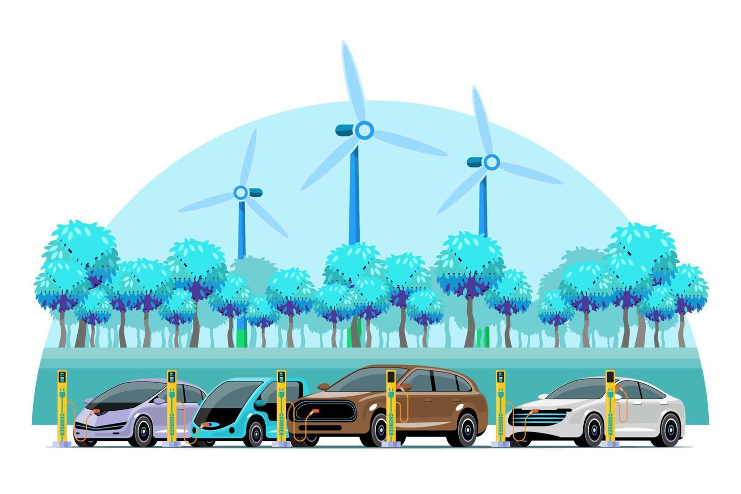 eléctrico coche a cargando estación en contra el antecedentes de viento turbinas electromovilidad emoción concepto. seis eléctrico batería cargadores viento turbinas proporcionar eléctrico energía. vector