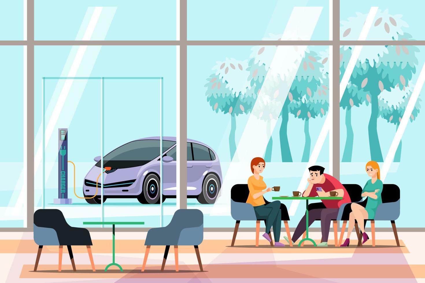 personas cargando eléctrico carros mientras gasto hora en un restaurante, café tienda. eléctrico vehículo cargando estación ese apoyos urbano vida. concepto de vivo en urbano sociedad. verde energía concepto vector