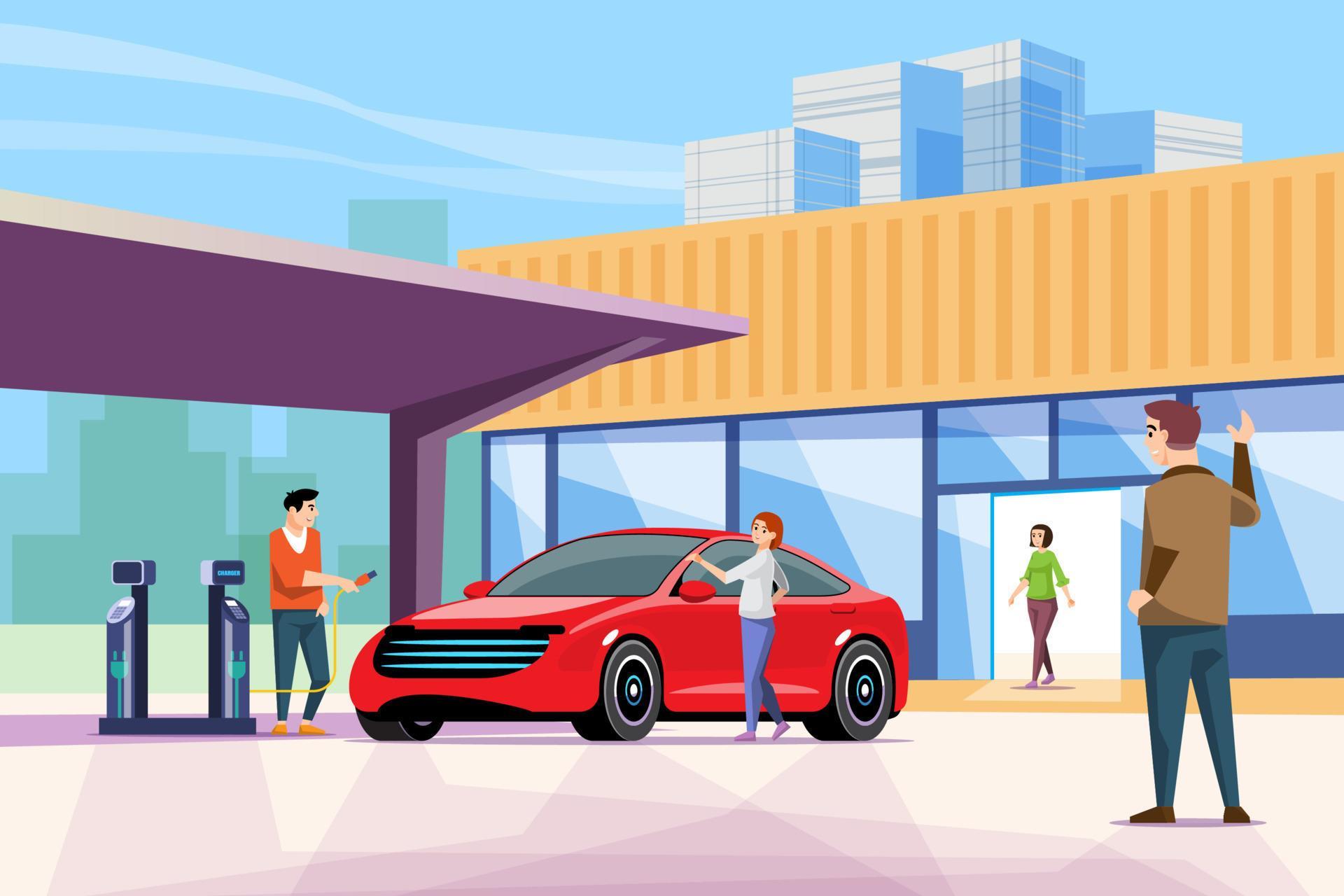 Electric vehicle charging station that supports urban life. People use