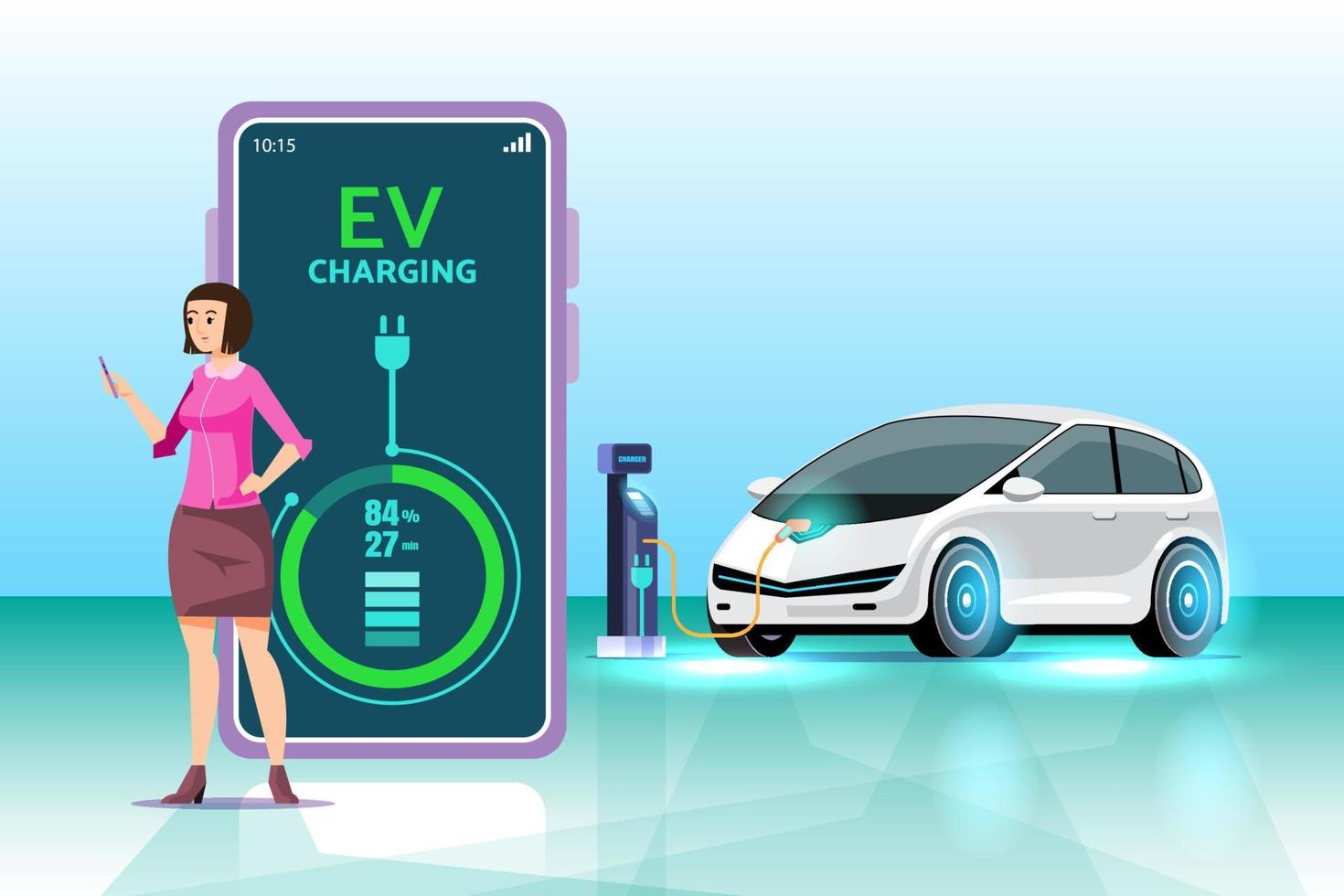 Mobile application that tells the charging status of the electric vehicle. mobile application for EV car management. Concept of electric vehicle charge. vector