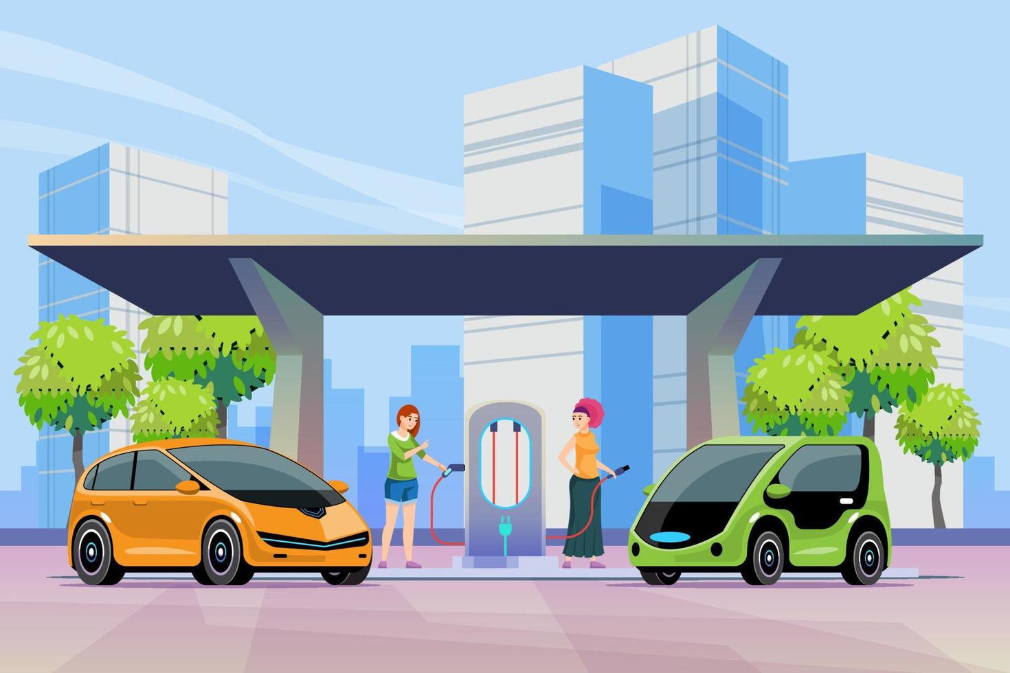 eléctrico vehículo cargando estación ese apoyos urbano vida. mujer cargando eléctrico coche en cargando estación. concepto de vivo en urbano sociedad. verde energía concepto, vector ilustración