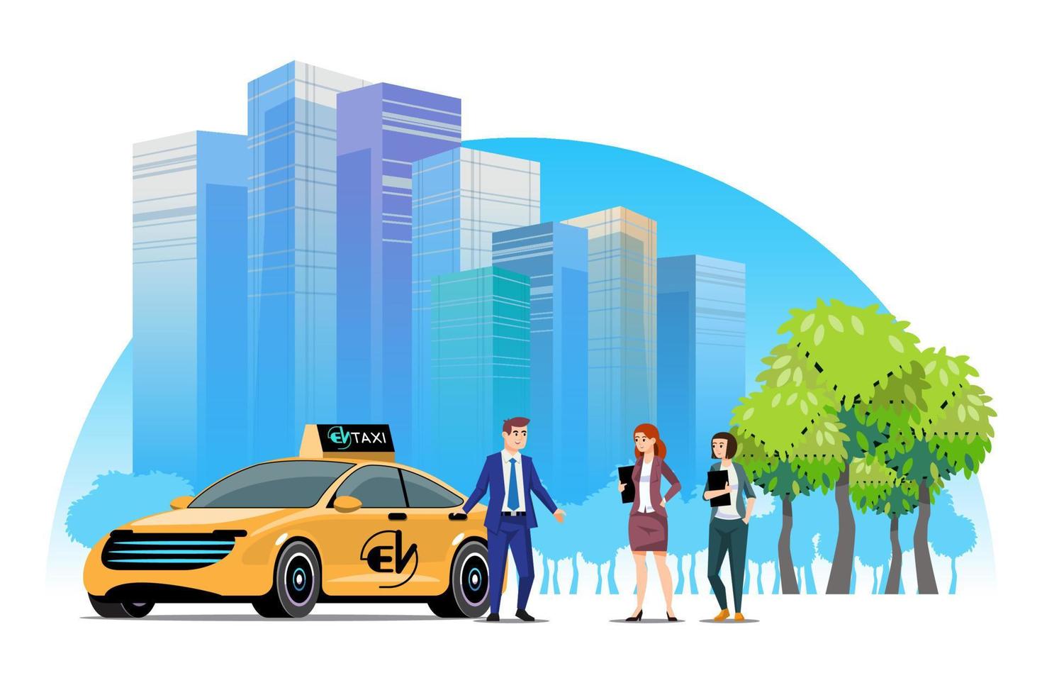 amarillo eléctrico coche Taxi. utilizar de eléctrico vehículos en el ciudad. concepto de vivo en urbano sociedad. verde energía concepto, vector ilustración