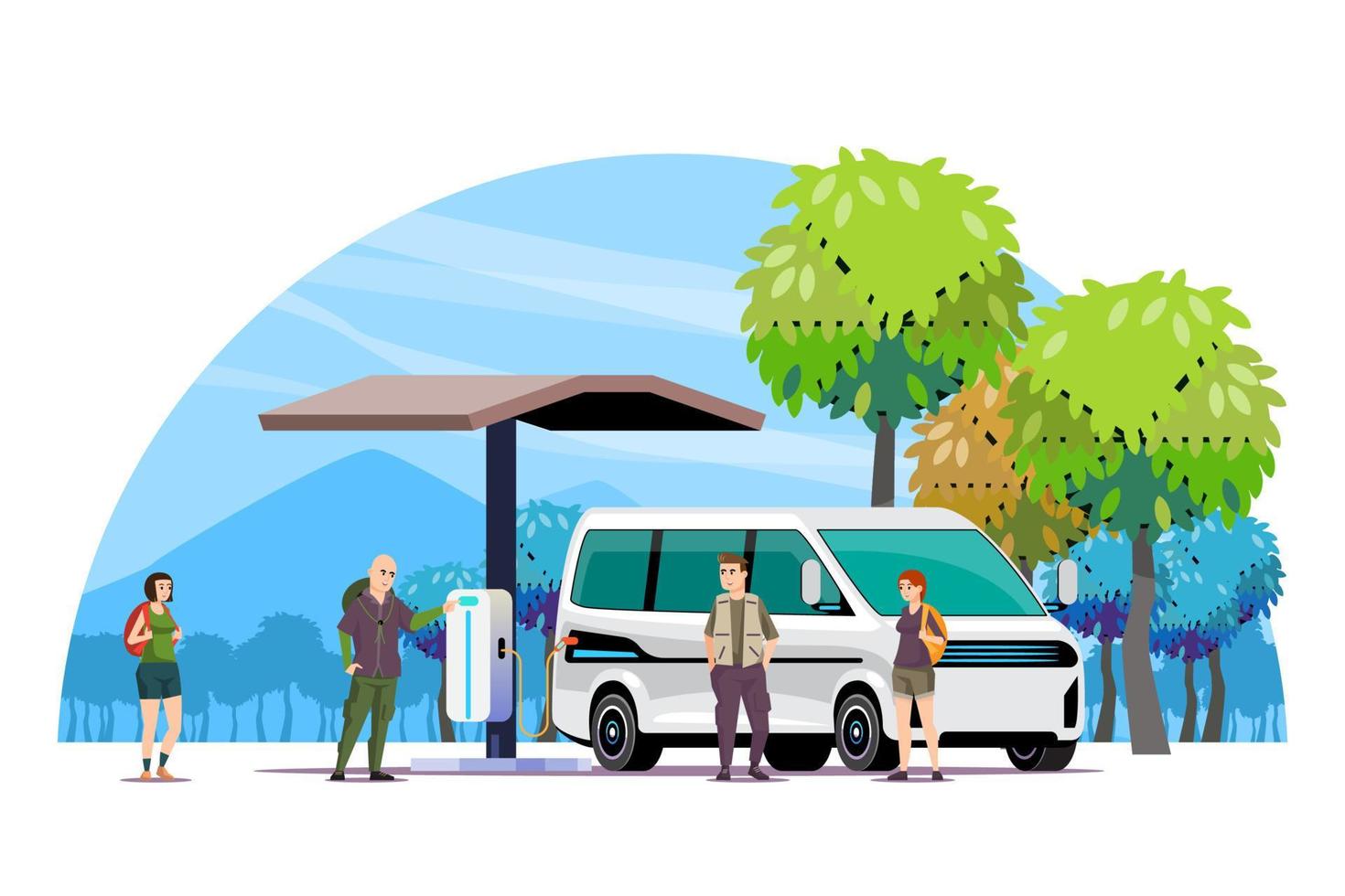 Charging point for camping trips. green energy concept, vector illustration