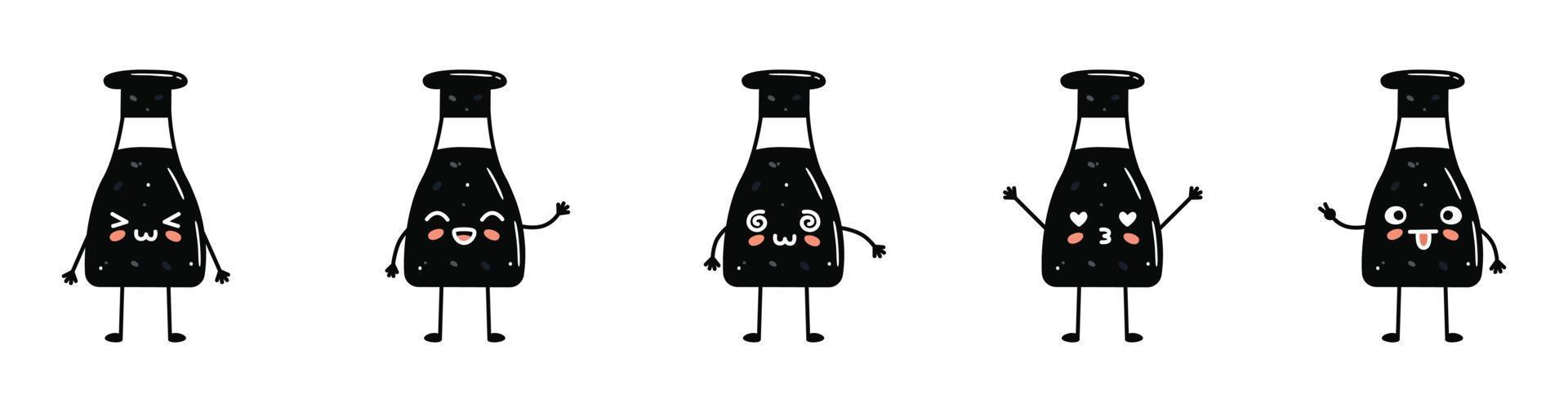 Set of kawaii soy sauce bottle mascots in cartoon style. Cute hand drawn asian food for menu vector