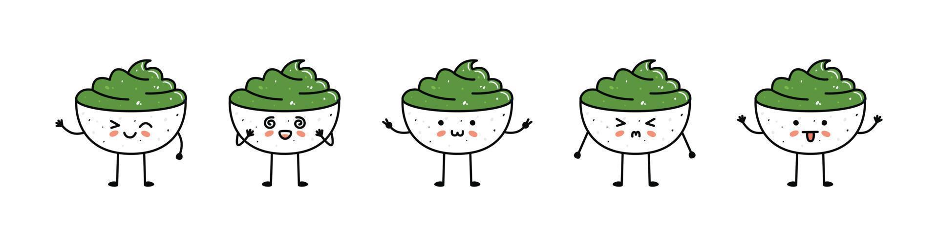 Set of kawaii wasabi bowl sushi mascots in cartoon style. vector