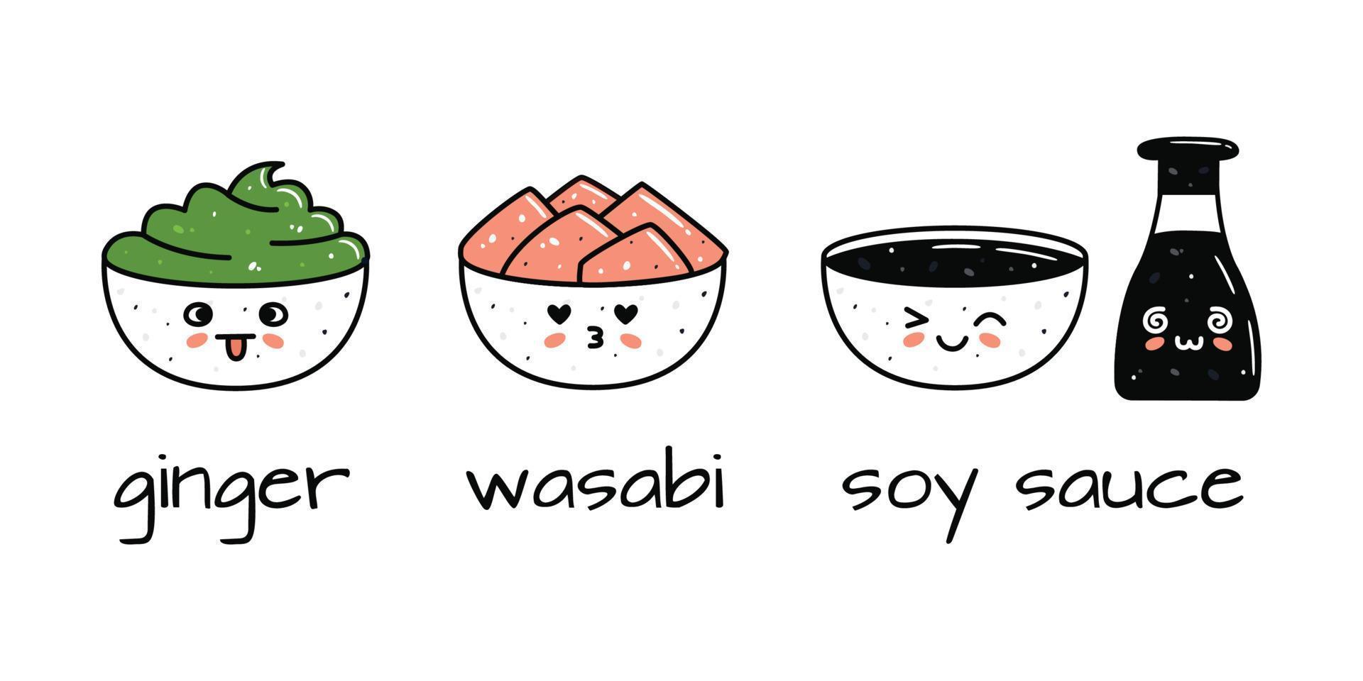 conjunto de kawaii soja salsa botella, jengibre y wasabi bochas mascotas en dibujos animados estilo vector
