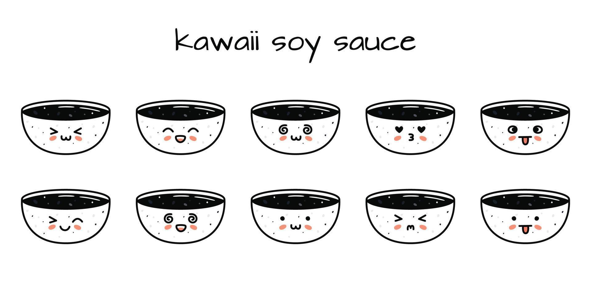 conjunto de kawaii soja salsa cuenco Sushi mascotas en dibujos animados estilo. vector