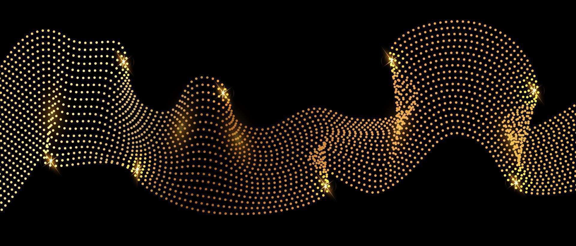 Add a touch of glamour to your designs with our vector illustration of an abstract background featuring a shimmering gold wave pattern made of dots on a black background.