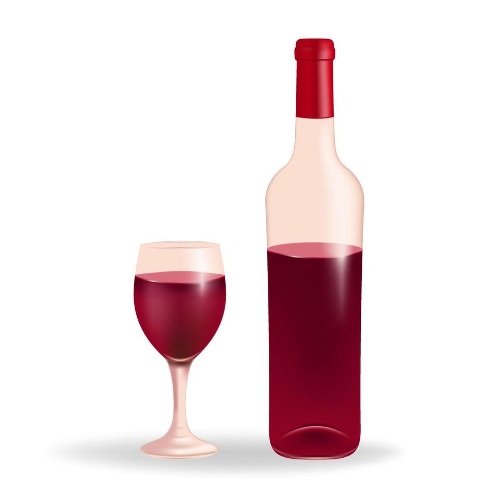 Wine glass filled with red wine, along with a wine bottle, on a white background. Perfect for wine lists, menus, or any project related to wine, beverage, celebration, and luxury. vector