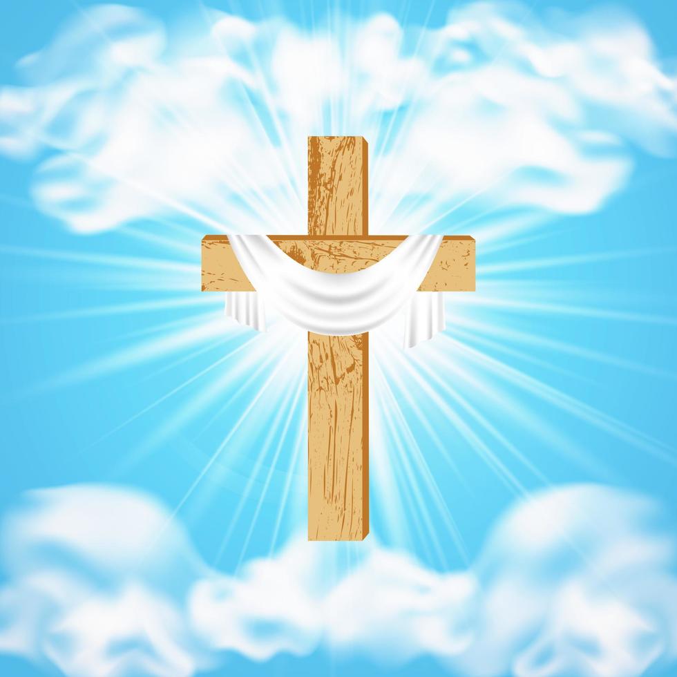 He is Risen. Easter. Light blue background with Christian wooden cross and glowing skies. Religious design. Postcard with Palm Sunday, Easter, Resurrection of Christ.Vector illustration. vector