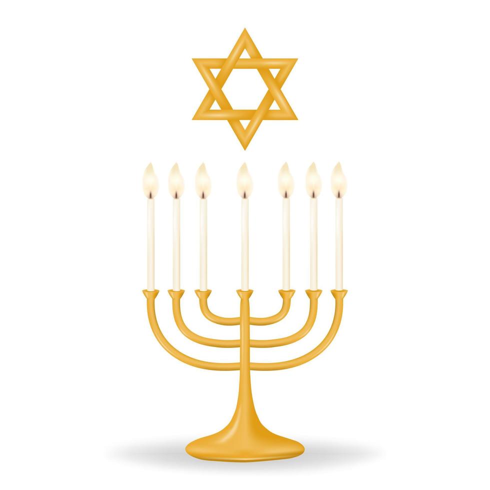 celebrar Pascua con estos icónico Menorah y estrella de david símbolos en oro. Menorah presentando Siete velas, estrella de david en un oro color en un limpiar blanco antecedentes. vector ilustración.