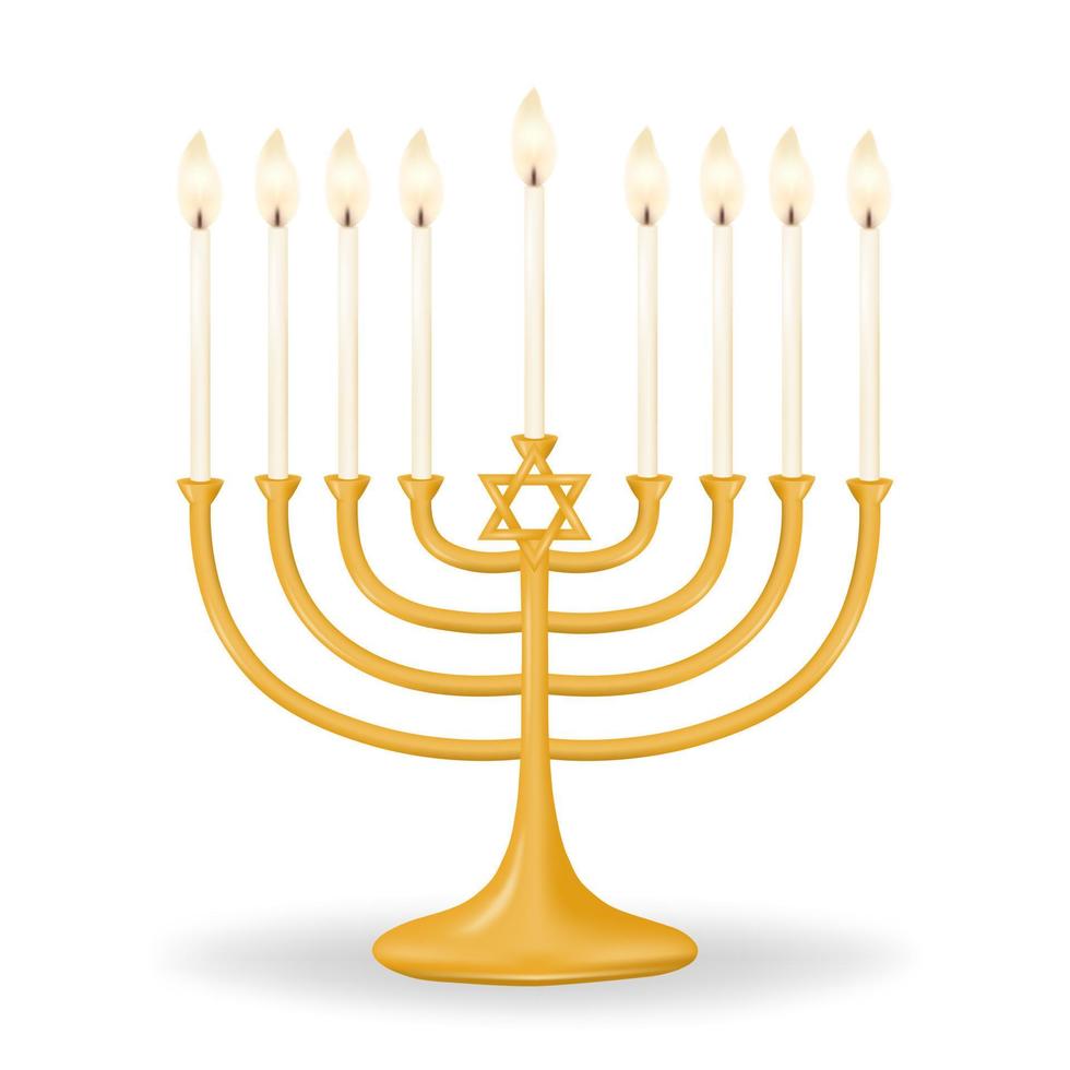 oro hanukkiah con nueve velas en un limpiar blanco antecedentes. ganukkah Menorah para nueve velas Perfecto para tu fiesta diseños vector ilustración.