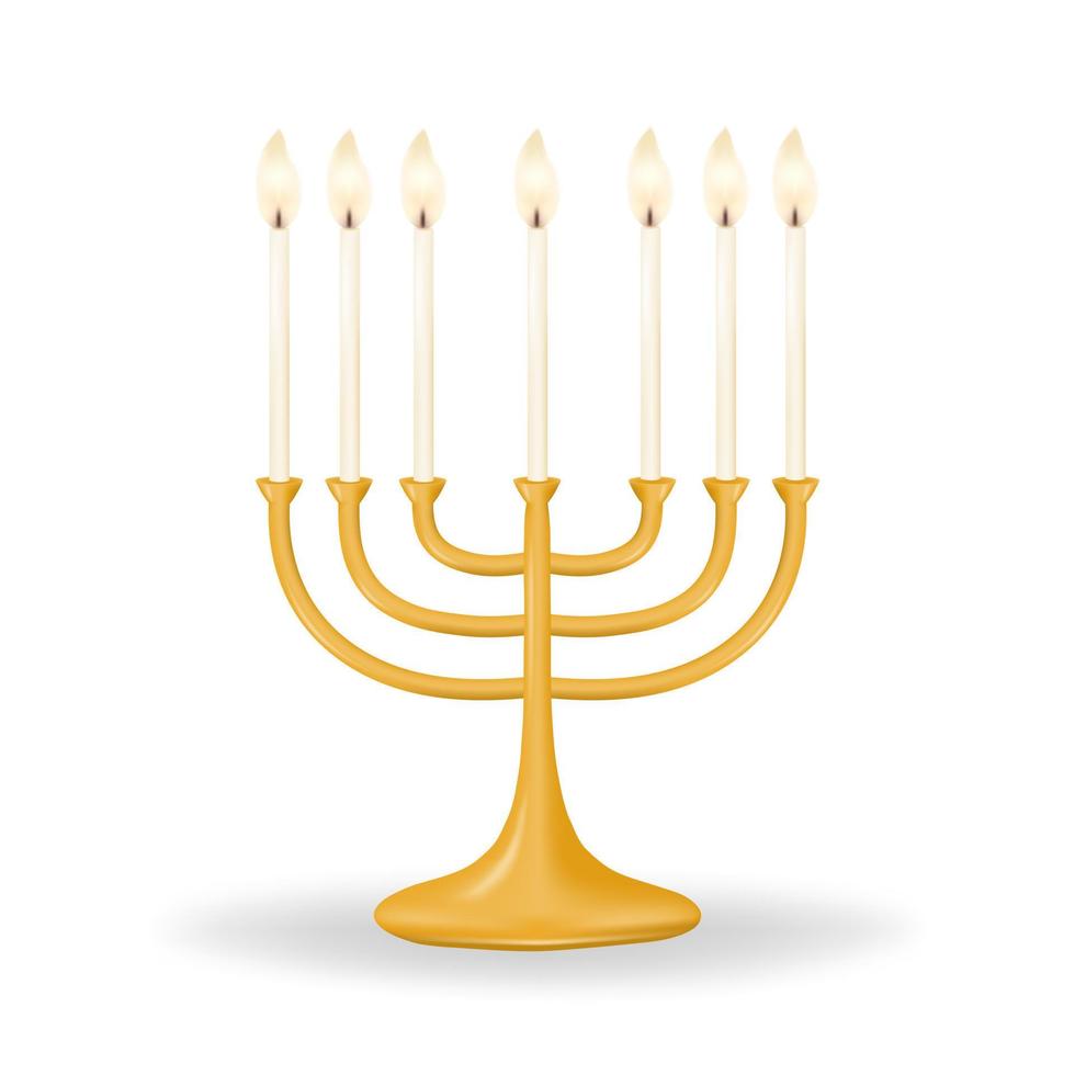 Menorah featuring seven candles on a clean white background. Illuminate your celebration with a stunning gold Menorah featuring seven candles. Perfect for your Passover designs. Vector illustration.